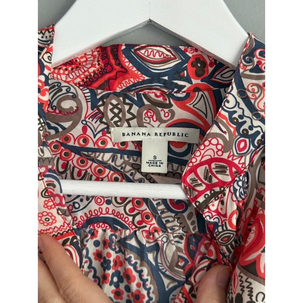 Banana Republic Women S 100% Silk Paisley Shirt Dress Red Navy Boho Preppy - Picture 2 of 6
